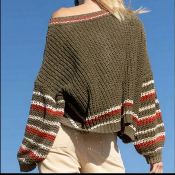 POL BEST SELLER BOYFRIEND Chunky Green And Multi Stripe Color Cozy Sweater - Picture 7 of 7